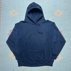 Vintage 70s pullover hoodie sweatshirt navy blue faded blank raglan adult large